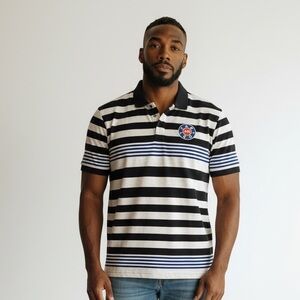 Scotch & Soda Black and White Striped Polo w/rubber appliqué size Large